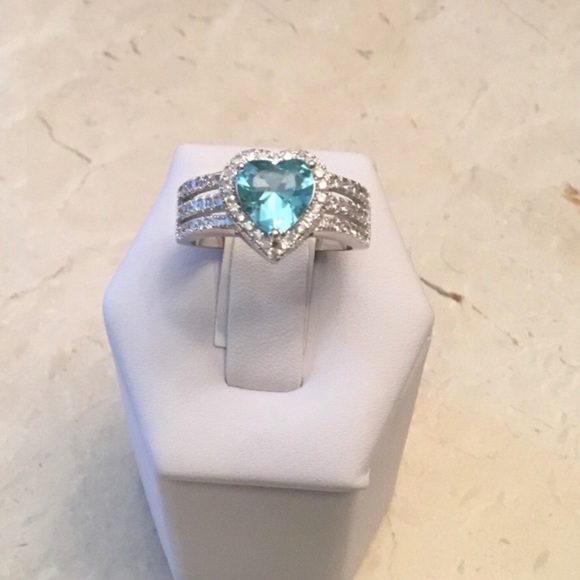 .925 Sterling Silver Aquamarine CZ Heart Ring - Picture 16 of 16